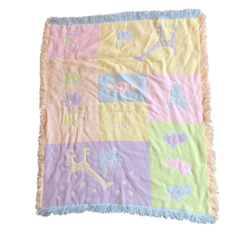 Carters John Lennon Fringed Shawl Throw Pastel Baby Crib Knit Blanket Vintage